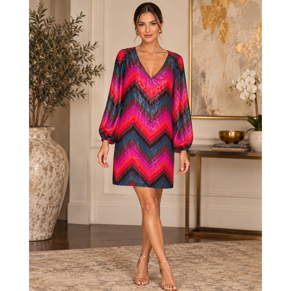 Trina Turk Metallic Silk Chevron Shift Dress Pink Purple Size 6